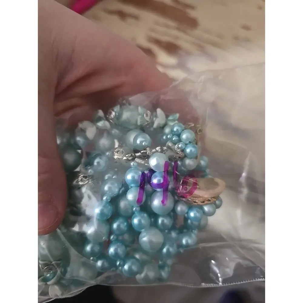 VtgJapan Blue Faux Pearl‎ Necklace Earring Set 3 Strand Mid Century MCM 1950s